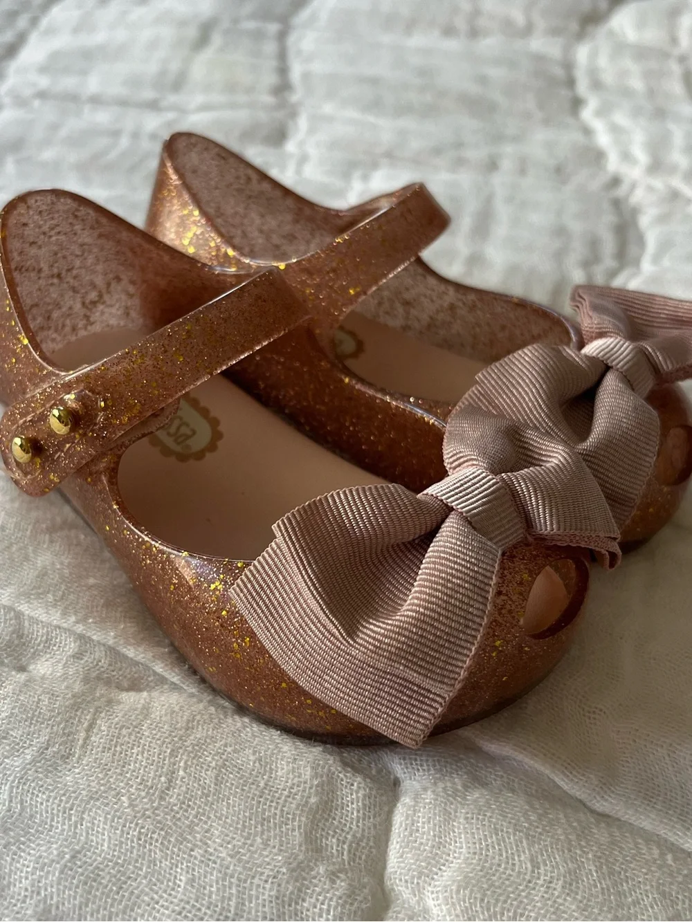 Mini Melissa Glitter Rose Gold Mary Janes with Bow, Size 5 🎀 Worn a Few Times)